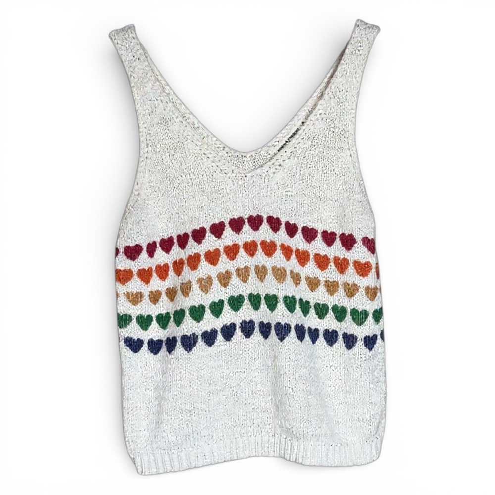 Moon & Madison White Rainbow Heart Knit Sleeveless V-Neck Sweater Small